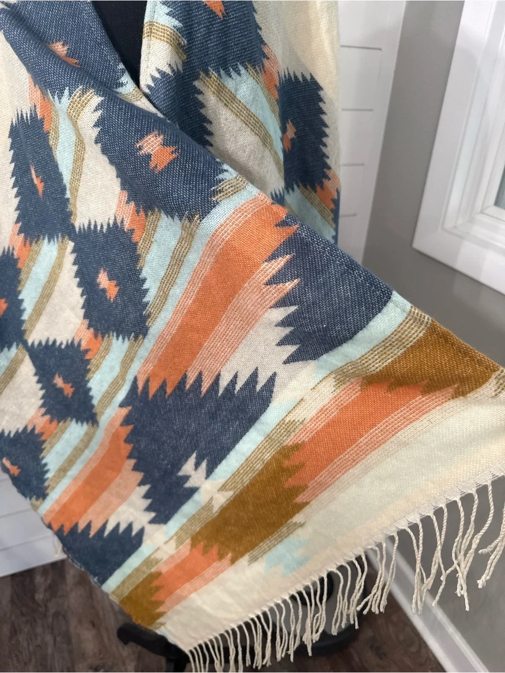 Boho Geometric Fringe Wrap in Cream, Navy & Rust